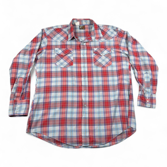 Vintage Open Range Western Shirt Adult EXTRA LARGE Red Plaid Pearl Snap 90s - Picture 1 of 9